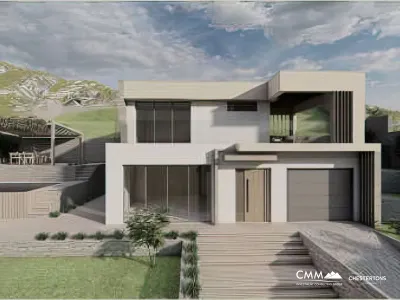 Ein im Bau befindlicher Häuserkomplex mit Swimmingpool und Panoramablick auf das Meer