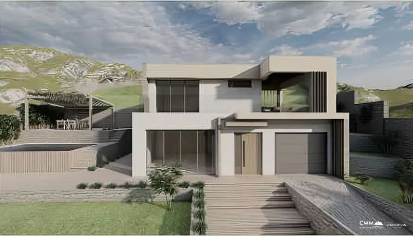 Ein im Bau befindlicher Häuserkomplex mit Swimmingpool und Panoramablick auf das Meer